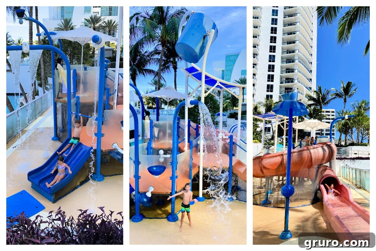 Three dynamic views of a vibrant kids' water park at The Diplomat, bustling with children enjoying the slides and water features.