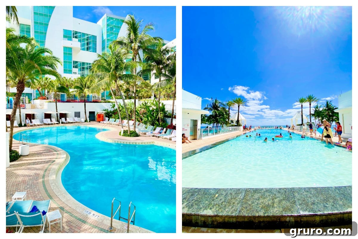 A stunning lagoon-style pool and an infinity pool overlooking the serene beach at The Diplomat Beach Resort.