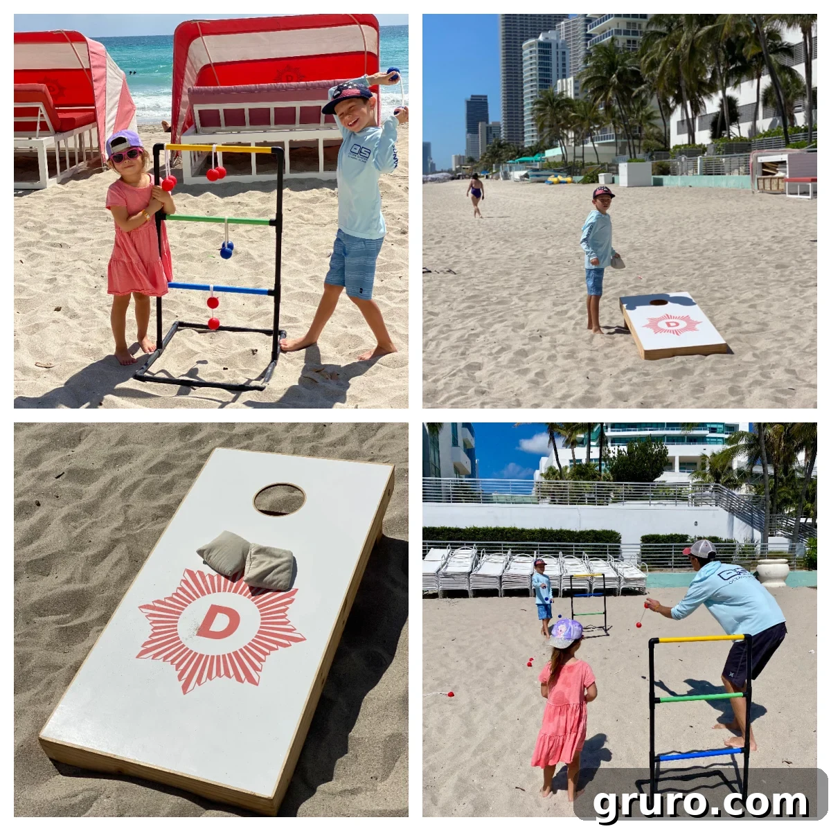 Children happily playing bean bag toss and ladder golf on the sandy beach.