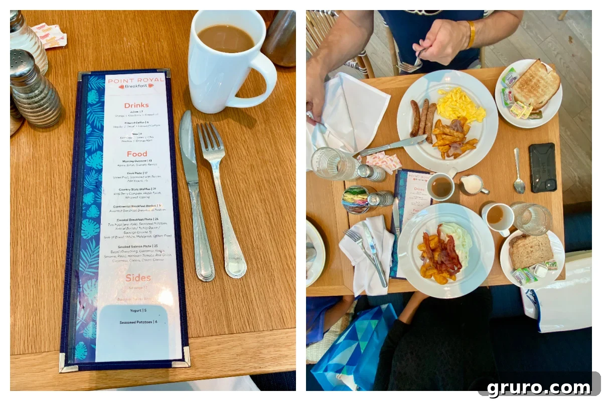 A table setting with a menu and two beautifully presented breakfast plates.