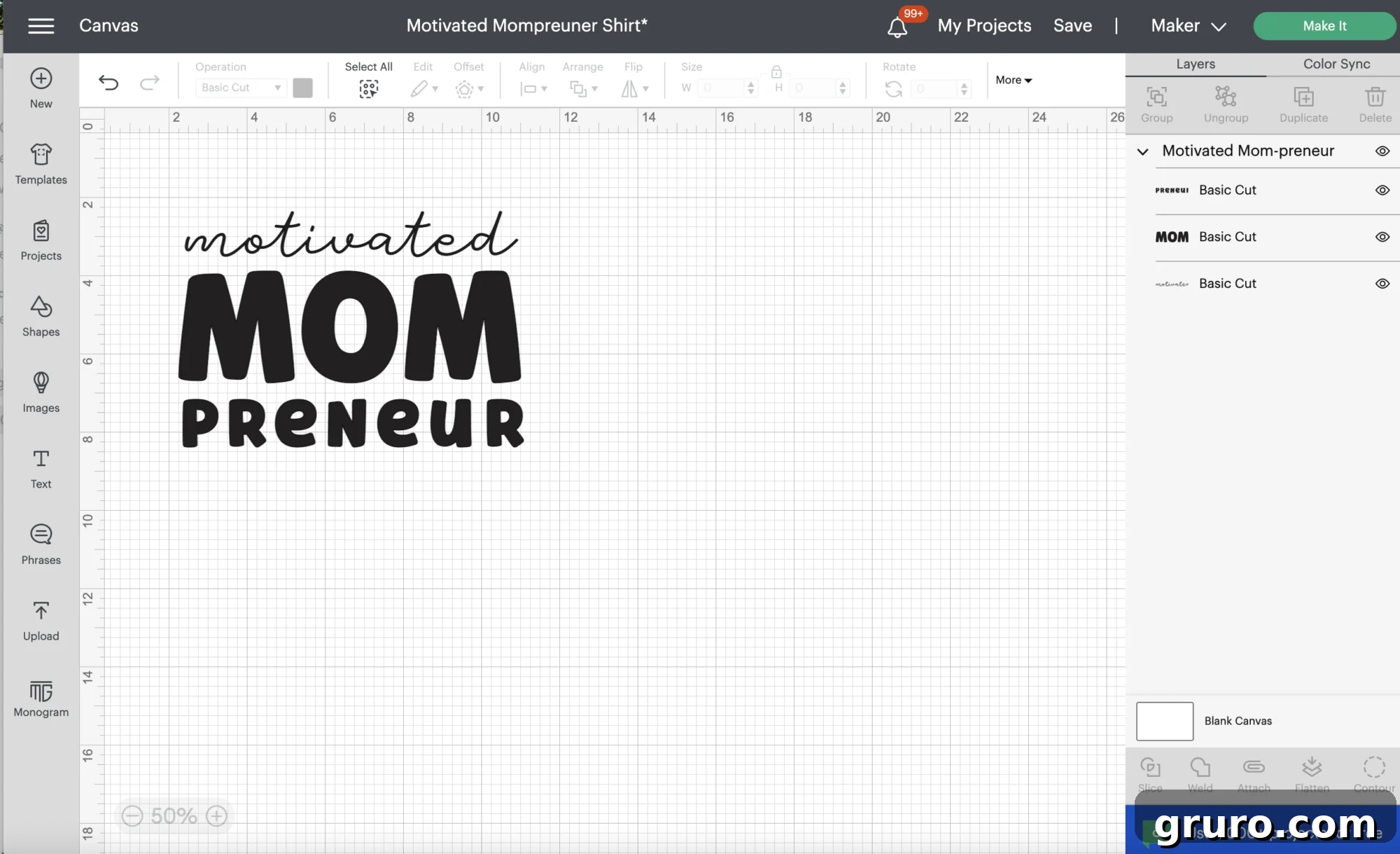 Screenshot with design on Cricut Design Space