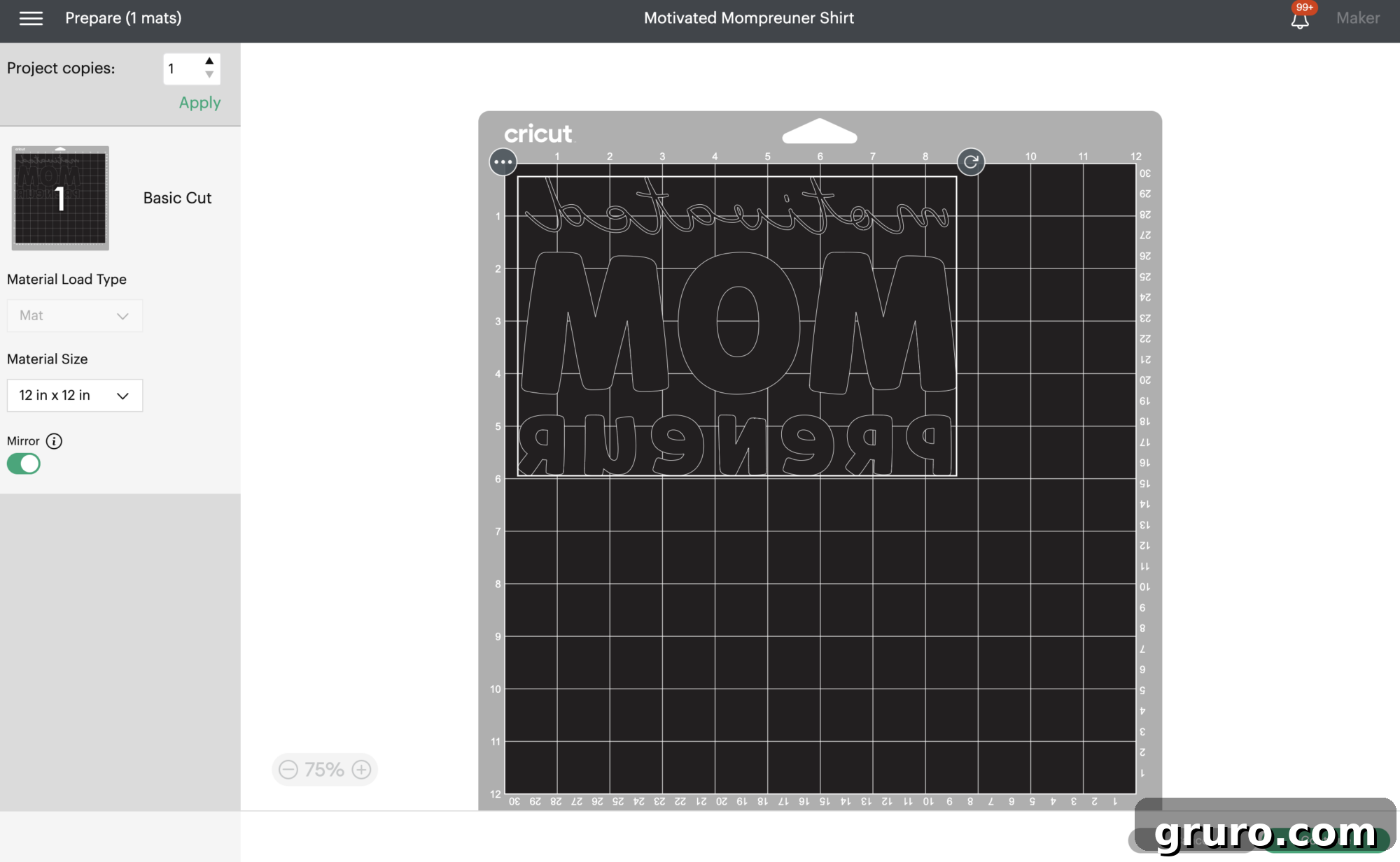Screenshot of mirrored design before preparing to cut on Cricut Design Space.