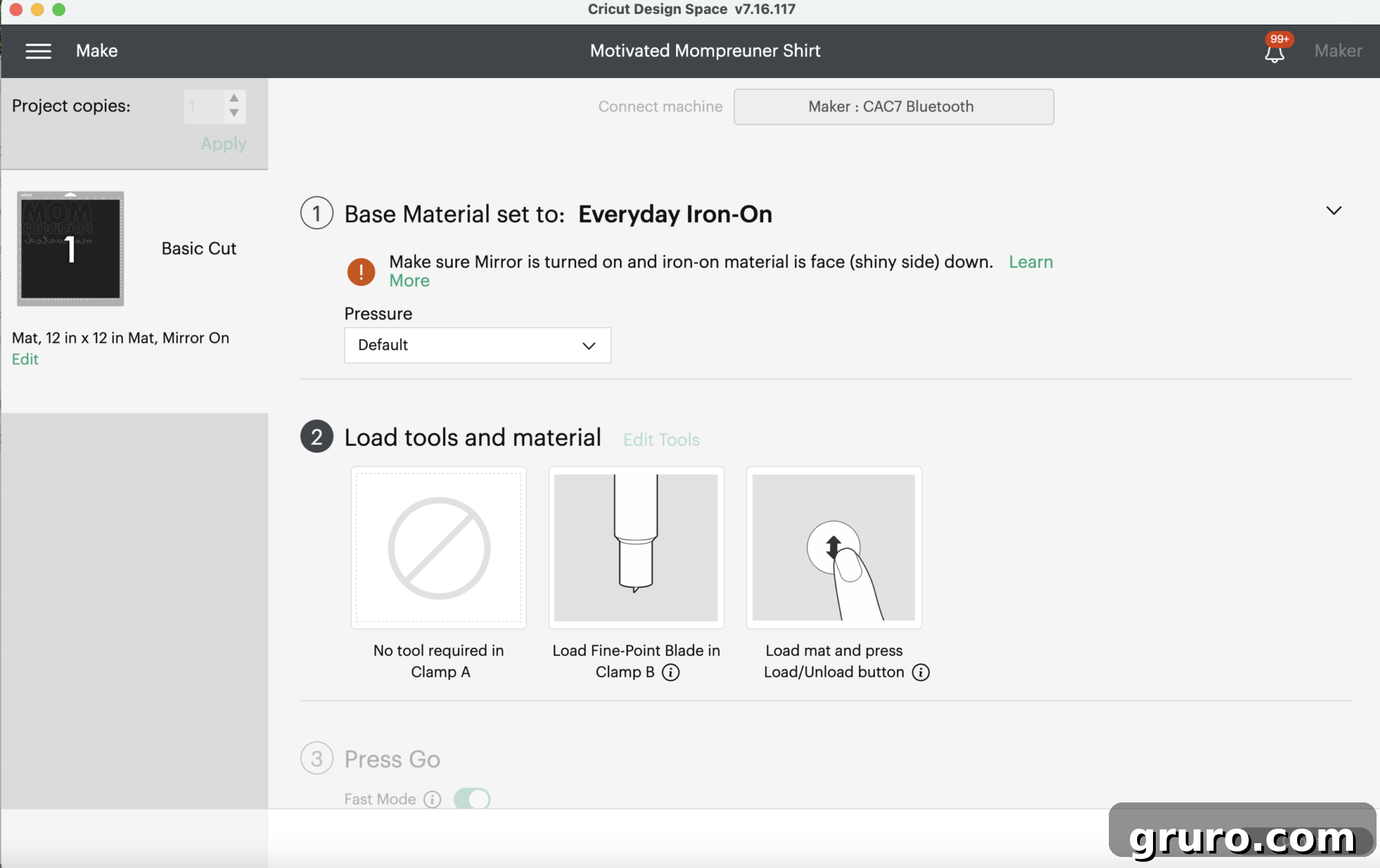 Screen shot of Cricut Design Space cutting settings.