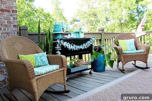 Close-up of a decorative outdoor setting with clay pot serving pieces, adding rustic charm to a deck party.