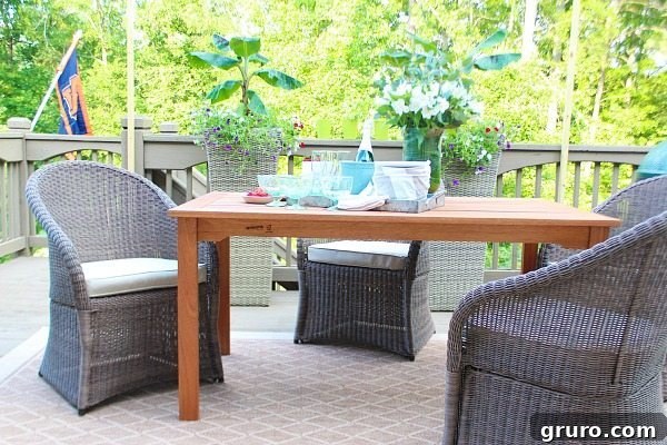 Stylish brown wicker dining chairs arranged on an outdoor deck, ready for al fresco dining.