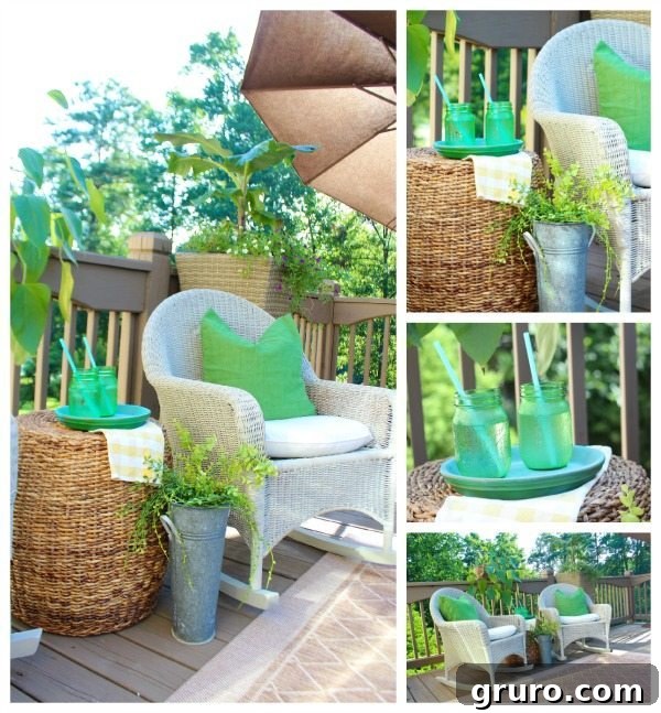 Refreshed patio area featuring harmonious green accents and painted wicker furniture, creating an inviting outdoor ambiance.