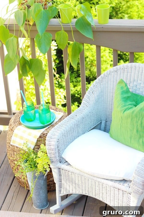The rocking chairs look completely refreshed after a DIY spray paint project, breathing new life into the deck furniture.