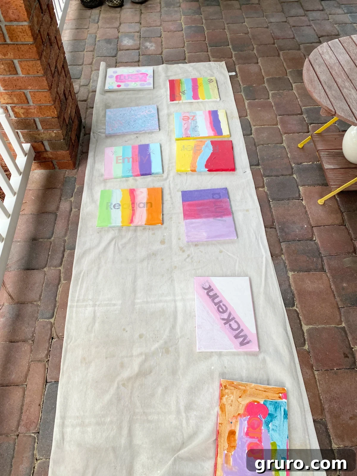 Dropcloth with painted canvases on it.