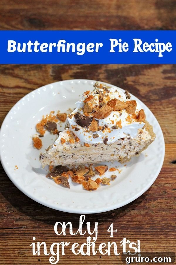 Finished Butterfinger Pie Recipe topped with Cool Whip and candy crumbles