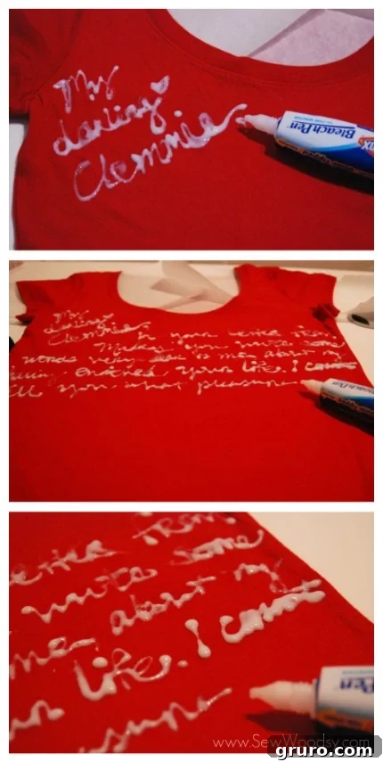 Close-up of a hand carefully writing with a bleach pen on a dark t-shirt, forming custom letters that begin to lighten, creating a unique and personalized fabric design.