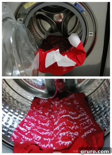 A dark custom t-shirt featuring a bleach pen design being carefully placed into a washing machine after the chemical reaction, ready for rinsing and neutralization.