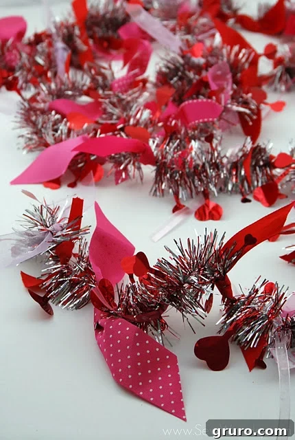 A close-up view of the garland, showing a dense arrangement of colorful ribbons expertly tied onto the base.