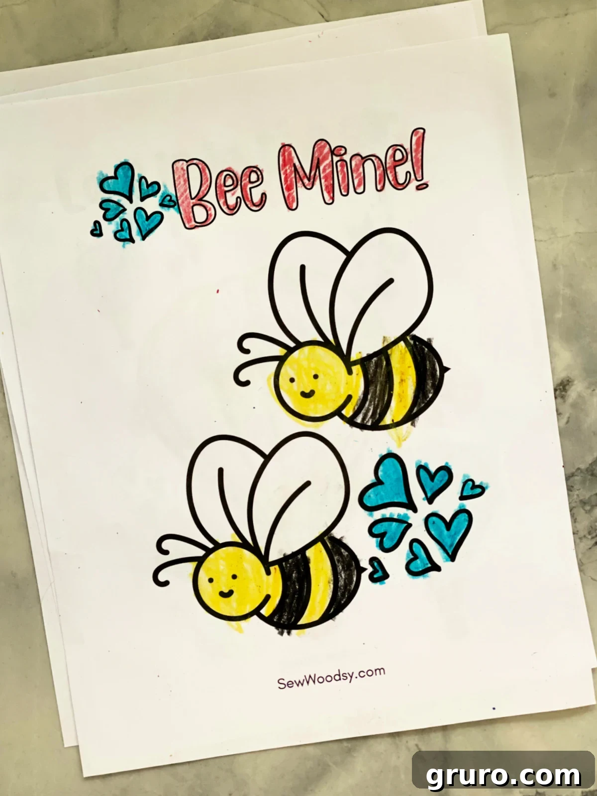 Sweetheart Valentine's Coloring Fun 3 Two friendly bees on a page with the endearing phrase "Bee Mine!", ready to be colored.