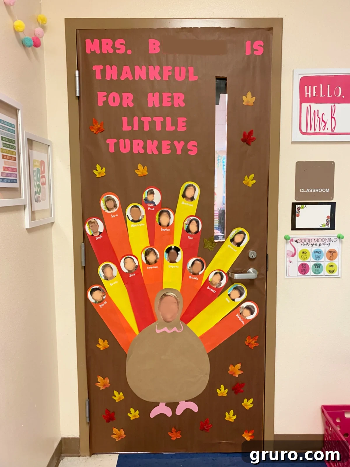 Classroom door with brown background a large turkey with a teachers face on it and students face on feathers with names.