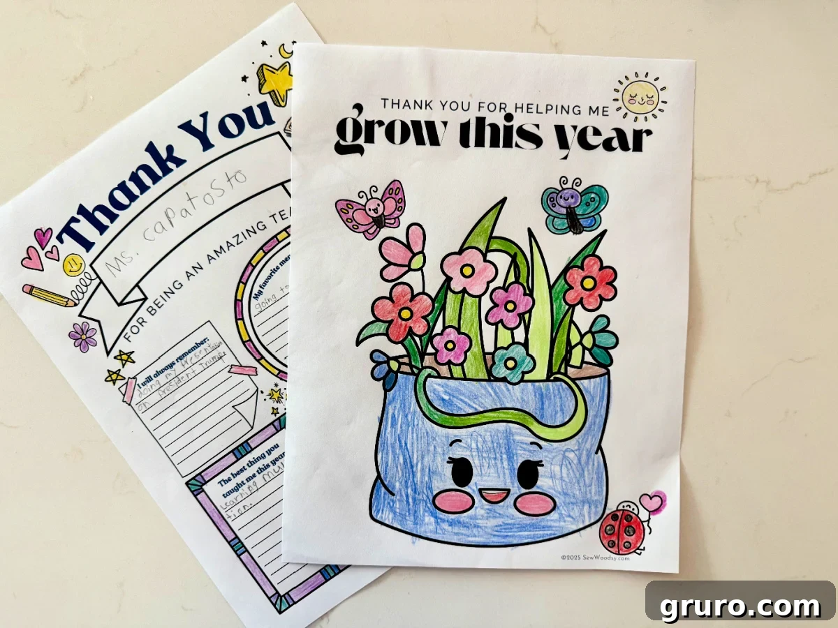 Printable Teacher Gratitude Gifts 5 Two colored teacher printable sheets, one for helping me grow and another thank you note, displayed on a creamy white marble table.