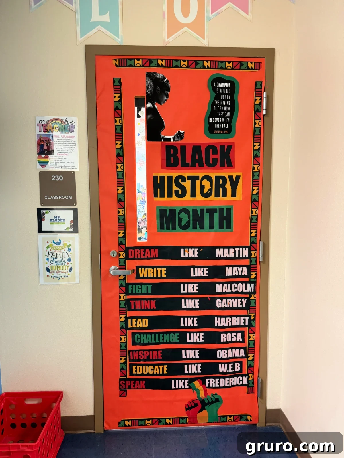 Orange door with boarder and inspirational words like fellow influential African Americans.