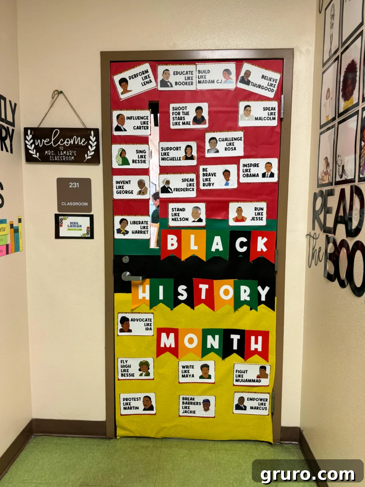 Red, black, and yellow door with photos of influential African Americans.