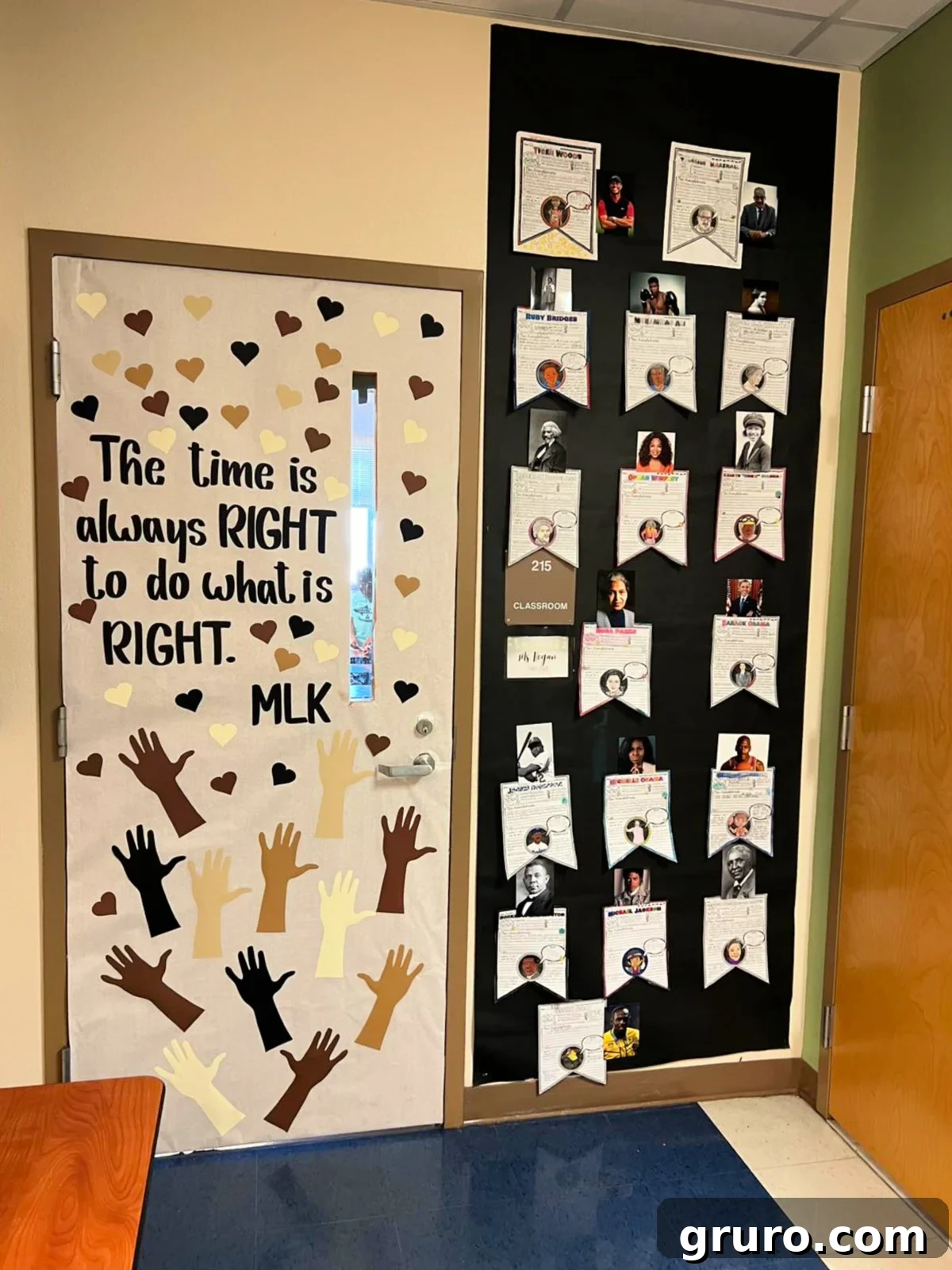 White door with different shades of brown hearts with a quote from MLK.