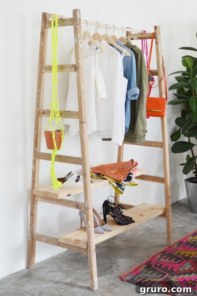 DIY Rustic Ladder Wardrobe for Farmhouse Bedroom