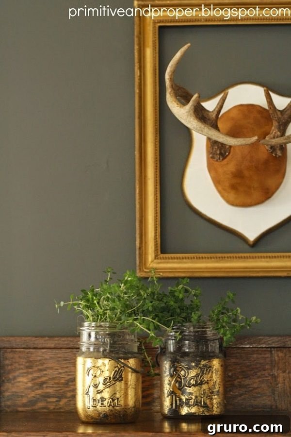 11 Genius Mason Jar Hacks 11 09 - Primitive and Proper - Gold Leaf Mason jar Planters