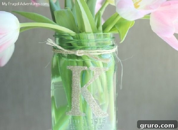 11 Genius Mason Jar Hacks 5 03 - My Frugal Adventures - Monogrammed Mason Jar Vase