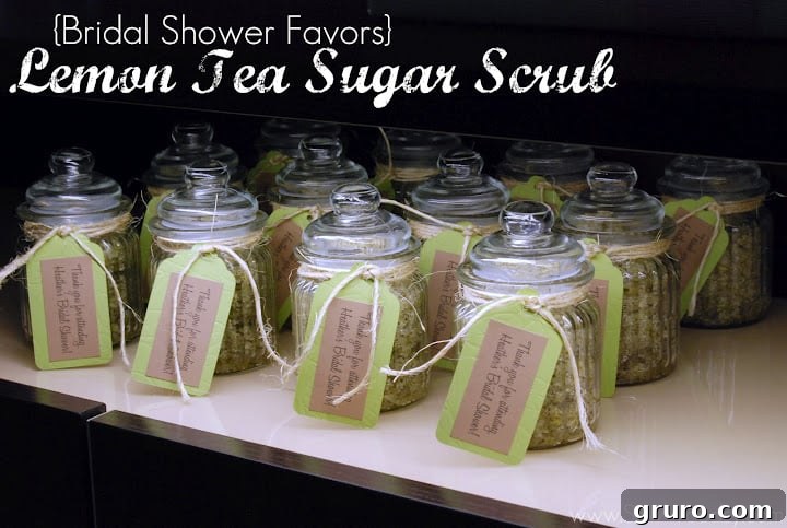 Homemade Lemon Tea Sugar Scrub in a jar, adorned with twine and a label, ready as a thoughtful bridal shower favor.