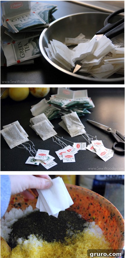Close-up of many opened green tea bags, with their contents ready to be added to the scrub.