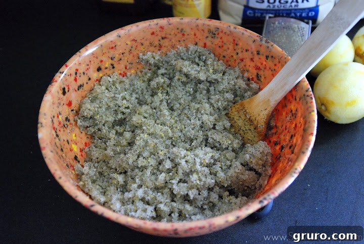 The lemon tea sugar scrub after all ingredients are combined, showing a well-mixed, uniform consistency.