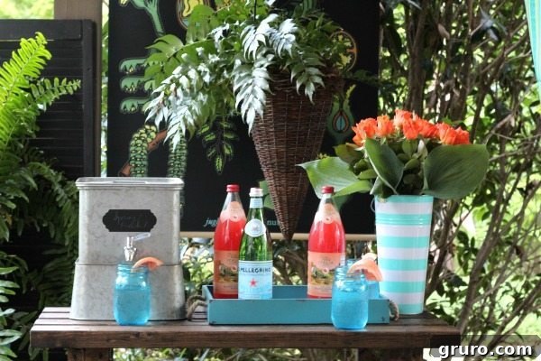 Potting bench serving area for drinks and food on a budget-friendly outdoor patio