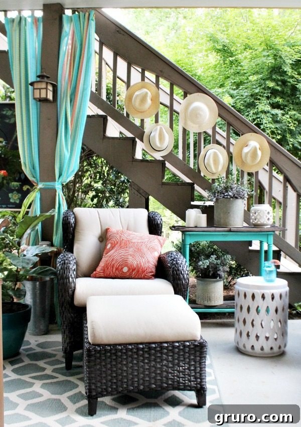 Creative no-sew outdoor curtains, made from tablecloths, enhancing an easy and affordable outdoor entertaining space