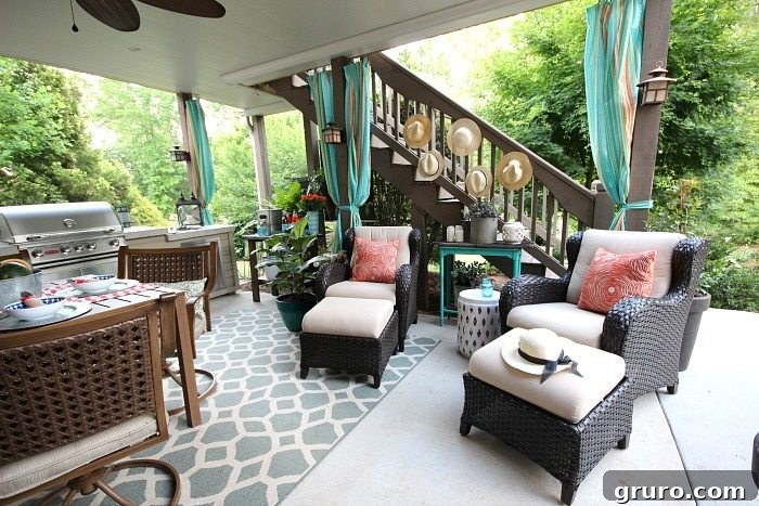 Colorful and easy no-sew outdoor curtains adding charm to a budget-friendly patio
