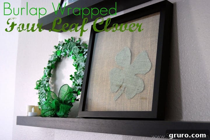 Burlap framed four leaf clover wall decor next to a St. Patrick's Day wreath