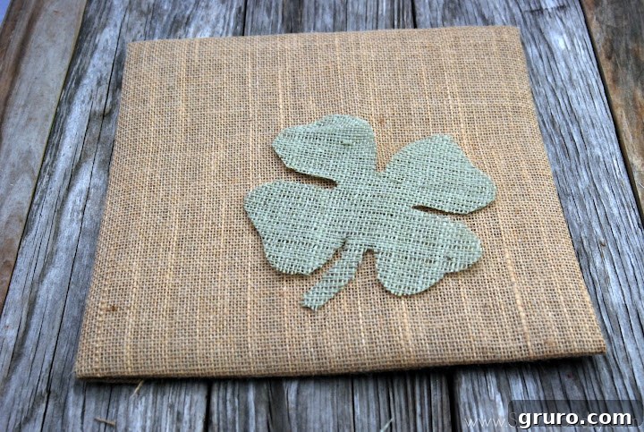 Card stock completely wrapped in tan burlap, ready for the clover