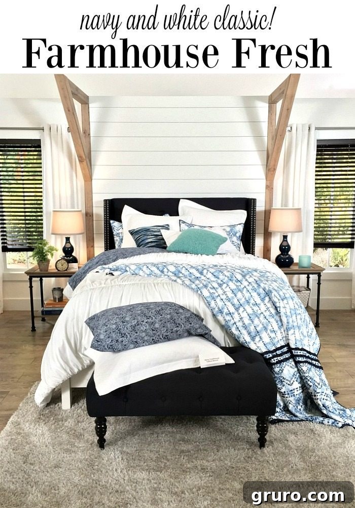 Inspiring Navy and White Farmhouse Bedroom featuring a shiplap accent wall and a plush padded headboard. Perfect blend of classic and rustic decor elements by Refresh Restyle.