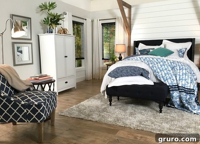 Cozy Farmhouse Bedroom with light gray walls and dark blinds, featuring navy accents, a shiplap wall, and a padded headboard, inspired by Refresh Restyle.