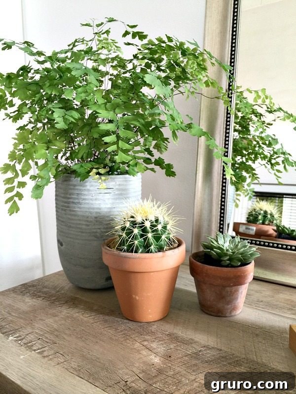 Lush plants add a fresh, natural touch to this serene Navy and White Farmhouse Bedroom, enhancing the refreshing ambiance at Refresh Restyle.