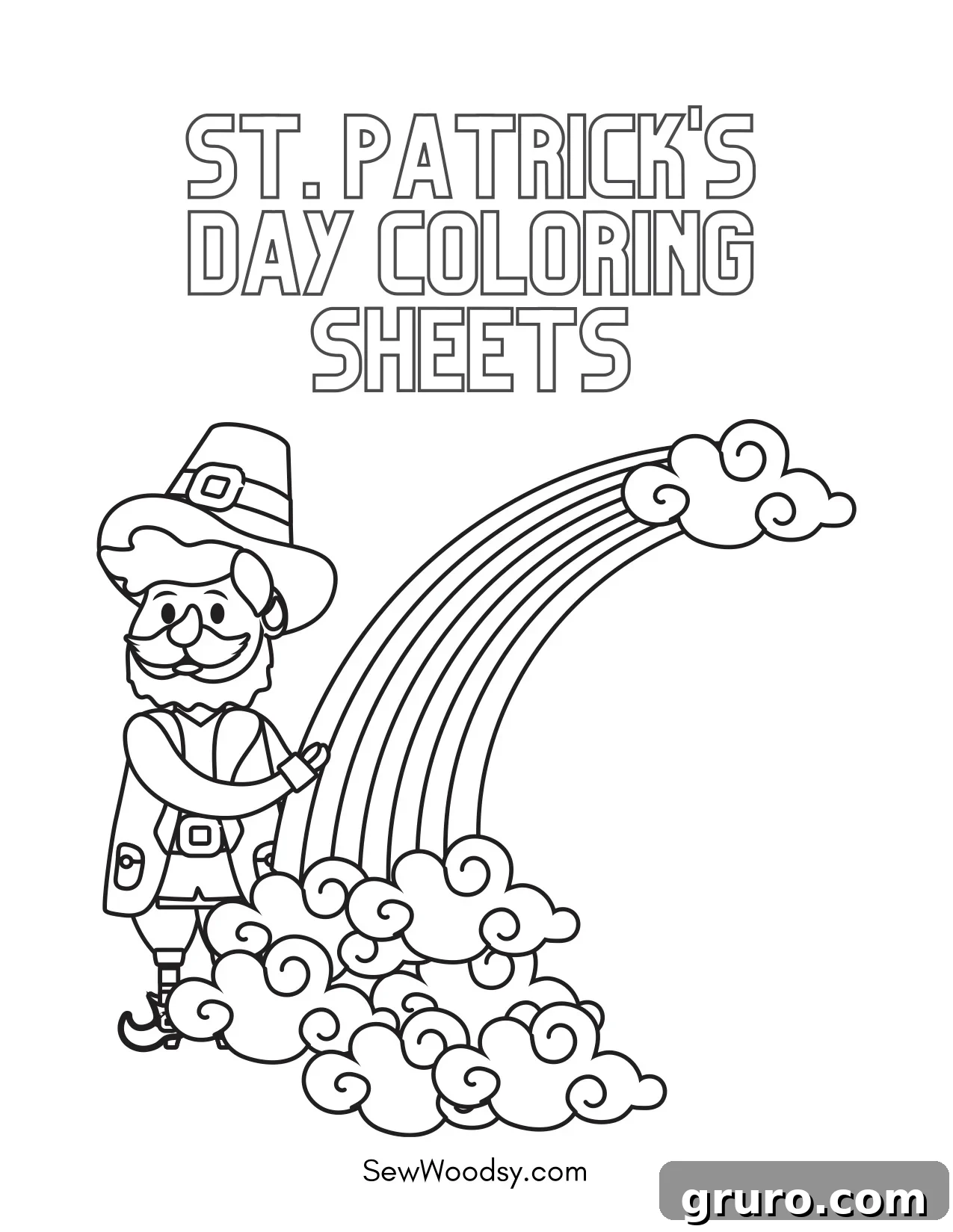 Preview image of St. Patrick's Day coloring pages featuring various leprechaun and shamrock designs.