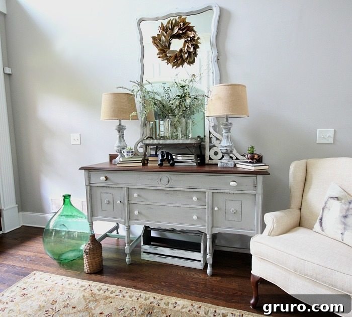 Light and Bright entry with painted lamps - mirror and sideboard buffet