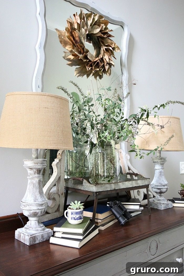 Dried magnolia wreath painted furniture lamps and mirror