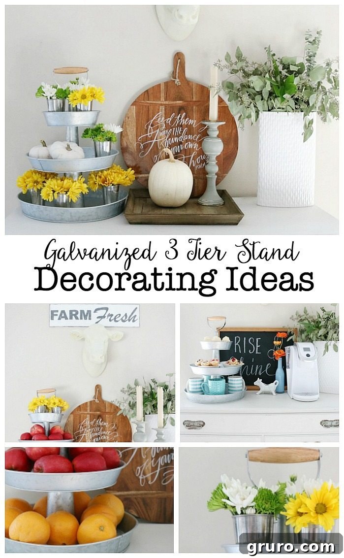Rustic 3-tier galvanized stand with farmhouse decor
