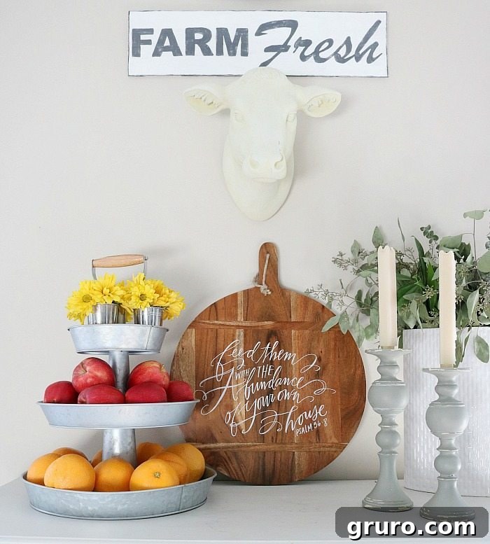 Fresh fruit served in a 3-tiered galvanized stand