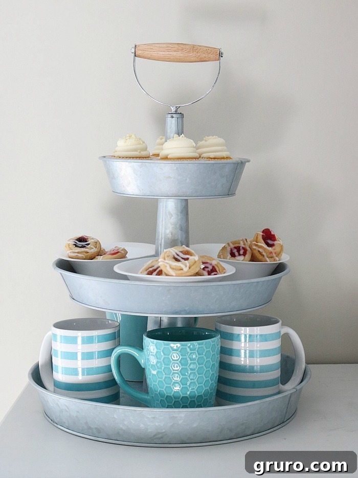 Breakfast served with a perfect 3-tier galvanized stand