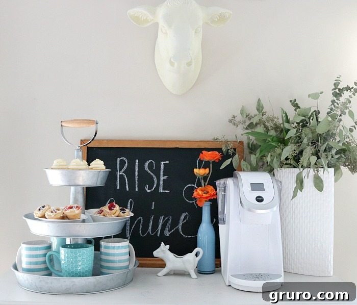 Farmhouse coffee bar with sweet treats on a 3-tier galvanized stand