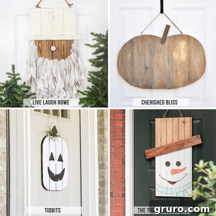 Collection of seasonal character door hanger ideas from various bloggers, showcasing diverse designs and styles.