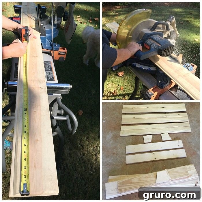 Detailed view of wood cuts required for the seasonal door hanger DIY project.