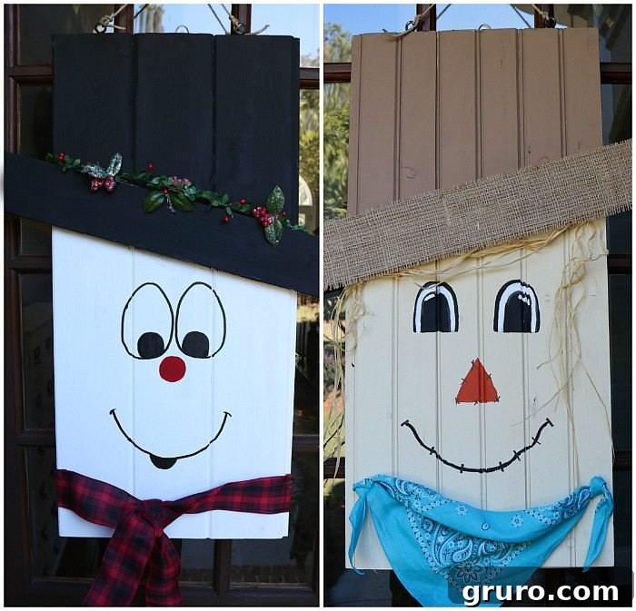 Close-up of the reversible door hanger, featuring the snowman side with a ribbon scarf and holly leaves.