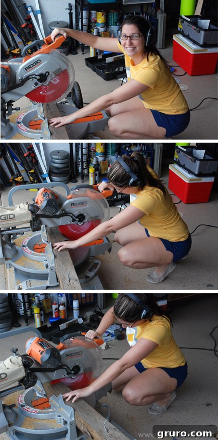 Narrator learning to use a miter saw to cut 4x4 posts, emphasizing safety lessons.
