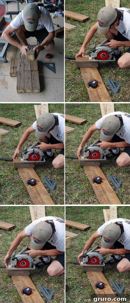 Mr. Woodsy using a circular saw to cut multiple slits in a 4x4 post for notching.