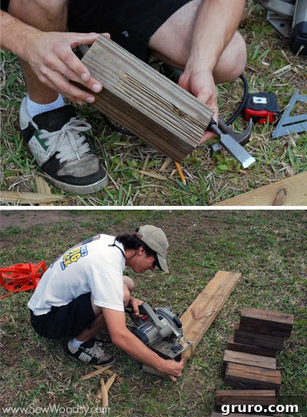 Close-up of circular saw making parallel cuts on a 4x4 post for creating notches.