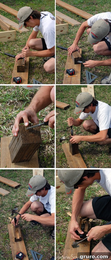 Manual chiseling process to remove wood from the notched 4x4 post.